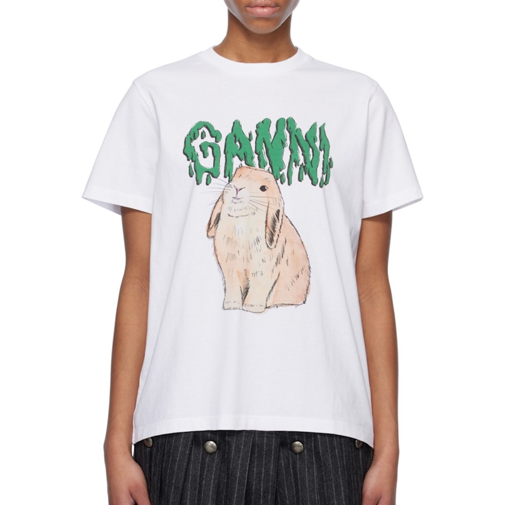Ganni Green Logo White Tee with Bunny Print